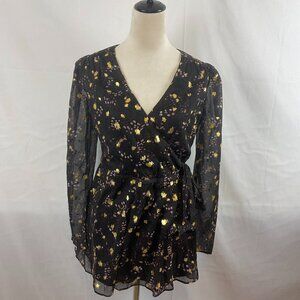 Sage The Label Mini Dress S Black Gold Purple Print Crossover Neck